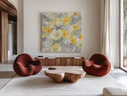 Buttercups II by Albena Hristova. Shown as extra-large giant wall art in a modern living room. Available as an archival giclee rolled canvas, fine art paper, or poster print. SKU 22474a.