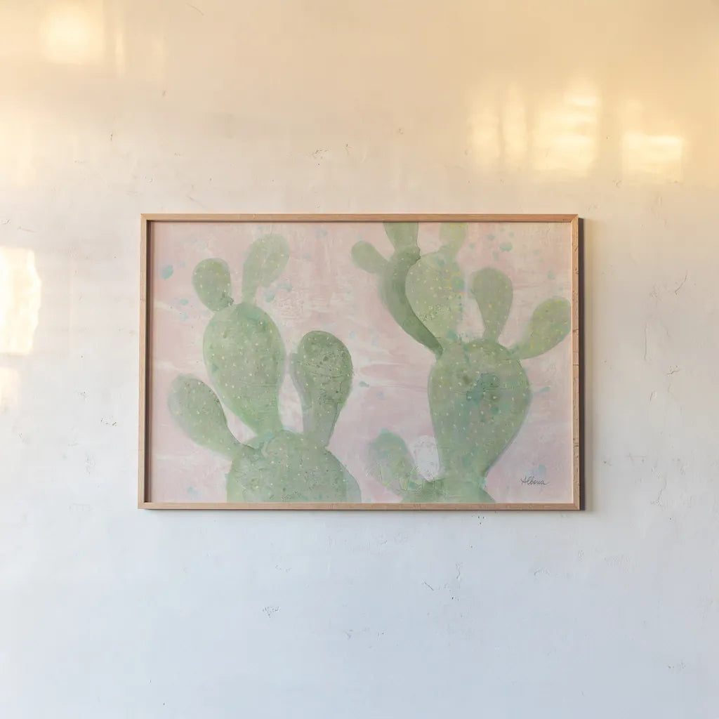 Cactus Panel III by Albena Hristova. shown as a paper print in a natural frame. Available as a archival giclee rolled canvas, fine art paper, or poster print. SKU 41998i.