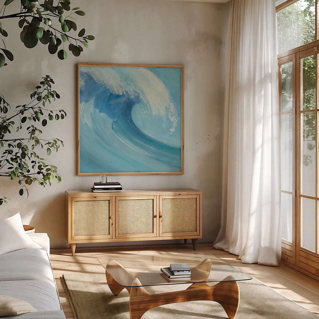 Catch a Wave Crop by Albena Hristova. Shown in a natural wood frame in a cozy modern living room. Available as an archival giclee rolled canvas, fine art paper, or poster print. SKU 46910a.