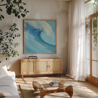 Catch a Wave Crop by Albena Hristova. Shown in a natural wood frame in a cozy modern living room. Available as an archival giclee rolled canvas, fine art paper, or poster print. SKU 46910a.