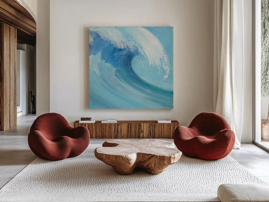 Catch a Wave Crop by Albena Hristova. Shown as extra-large giant wall art in a modern living room. Available as an archival giclee rolled canvas, fine art paper, or poster print. SKU 46910a.
