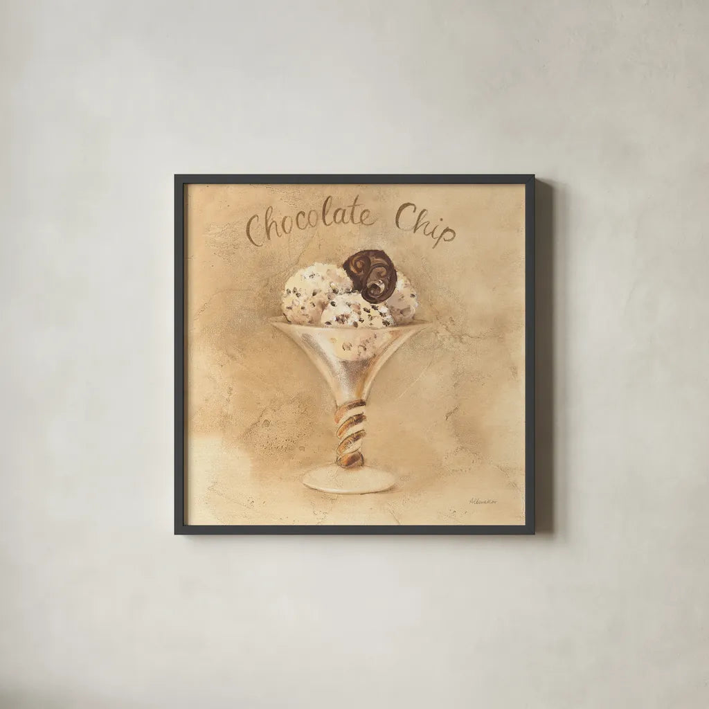 Chocolate Chip Sundae by Albena Hristova. Shown in a sleek black glass frame for a contemporary gallery look. Available as an archival giclee rolled canvas, fine art paper, or poster print. SKU 54503a.