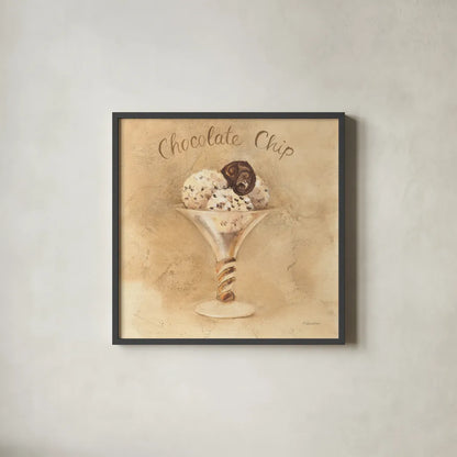 Chocolate Chip Sundae by Albena Hristova. Shown in a sleek black glass frame for a contemporary gallery look. Available as an archival giclee rolled canvas, fine art paper, or poster print. SKU 54503a.