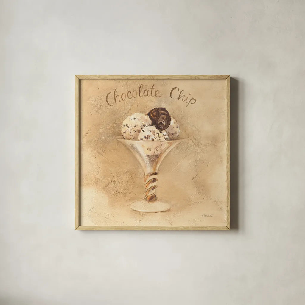 Chocolate Chip Sundae by Albena Hristova. Shown in a natural wood glass frame for a timeless modern aesthetic. Available as an archival giclee rolled canvas, fine art paper, or poster print. SKU 54503a.
