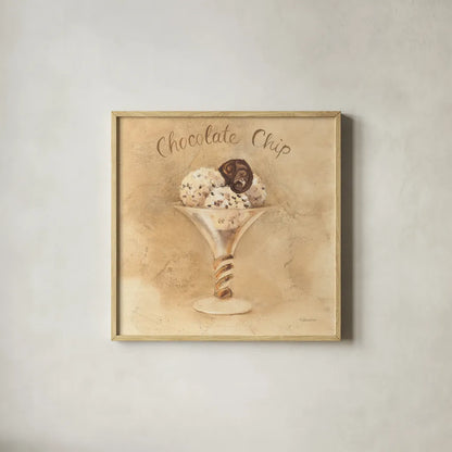 Chocolate Chip Sundae by Albena Hristova. Shown in a natural wood glass frame for a timeless modern aesthetic. Available as an archival giclee rolled canvas, fine art paper, or poster print. SKU 54503a.