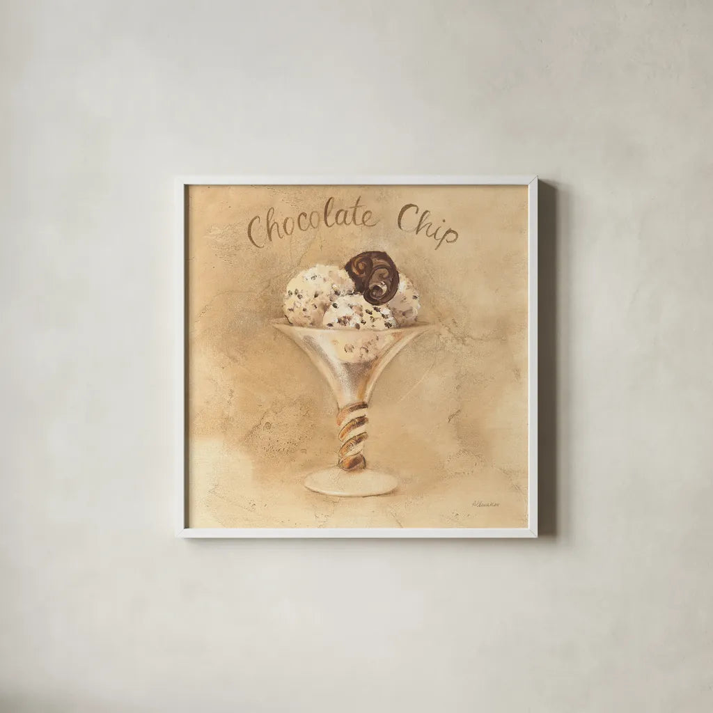 Chocolate Chip Sundae by Albena Hristova. Shown in a crisp white glass frame for a clean and minimalist style. Available as an archival giclee rolled canvas, fine art paper, or poster print. SKU 54503a.