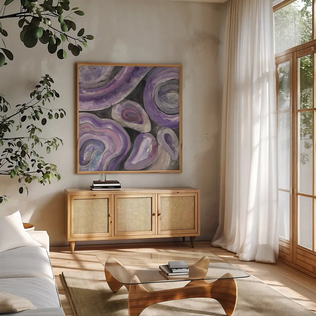 Circle Rain v2 by Albena Hristova. Shown in a natural wood frame in a cozy modern living room. Available as an archival giclee rolled canvas, fine art paper, or poster print. SKU 29281a.