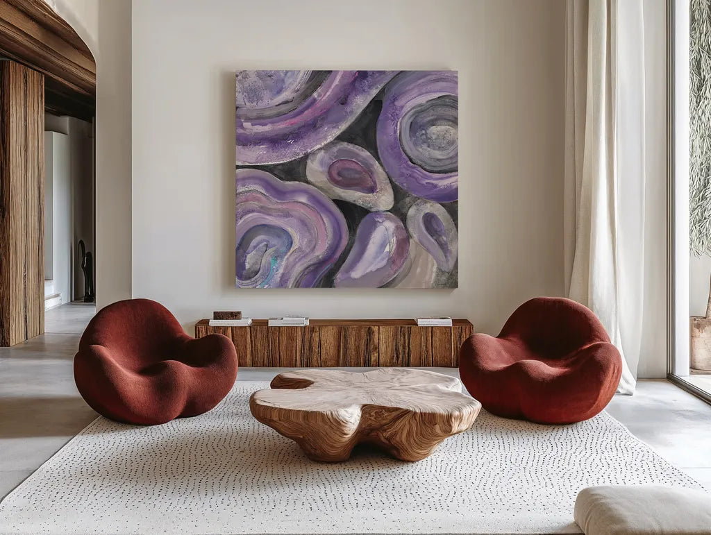 Circle Rain v2 by Albena Hristova. Shown as extra-large giant wall art in a modern living room. Available as an archival giclee rolled canvas, fine art paper, or poster print. SKU 29281a.