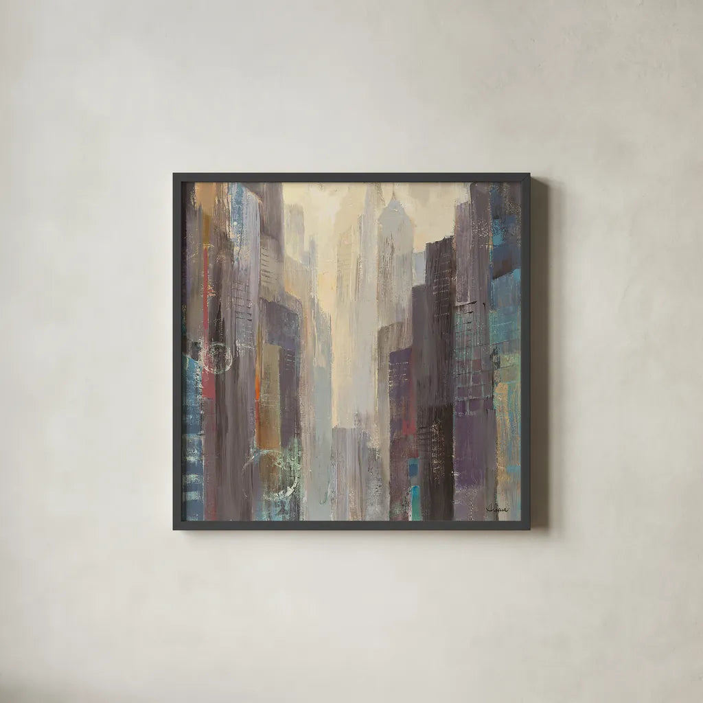 City at Dawn by Albena Hristova. Shown in a sleek black glass frame for a contemporary gallery look. Available as an archival giclee rolled canvas, fine art paper, or poster print. SKU 14543a.