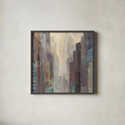 City at Dawn by Albena Hristova. Shown in a sleek black glass frame for a contemporary gallery look. Available as an archival giclee rolled canvas, fine art paper, or poster print. SKU 14543a.