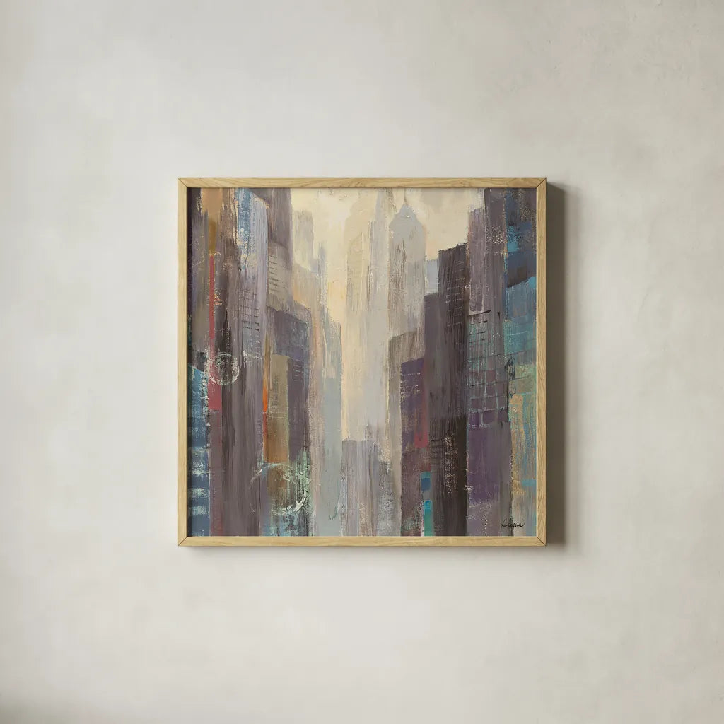 City at Dawn by Albena Hristova. Shown in a natural wood glass frame for a timeless modern aesthetic. Available as an archival giclee rolled canvas, fine art paper, or poster print. SKU 14543a.