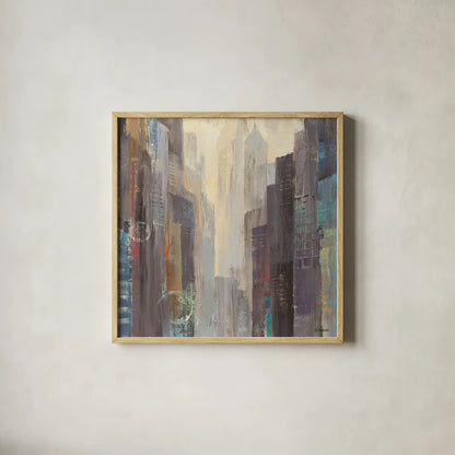 City at Dawn by Albena Hristova. Shown in a natural wood glass frame for a timeless modern aesthetic. Available as an archival giclee rolled canvas, fine art paper, or poster print. SKU 14543a.