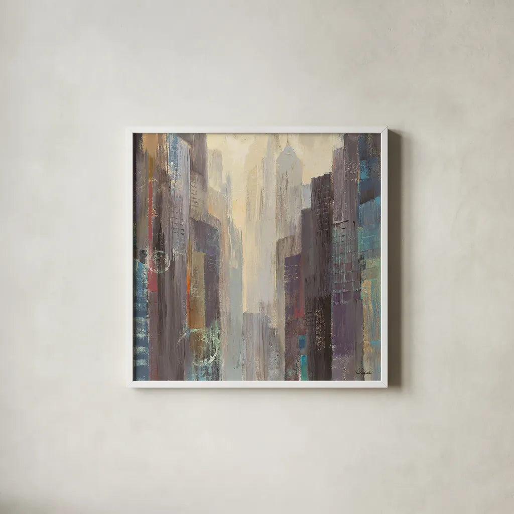 City at Dawn by Albena Hristova. Shown in a crisp white glass frame for a clean and minimalist style. Available as an archival giclee rolled canvas, fine art paper, or poster print. SKU 14543a.