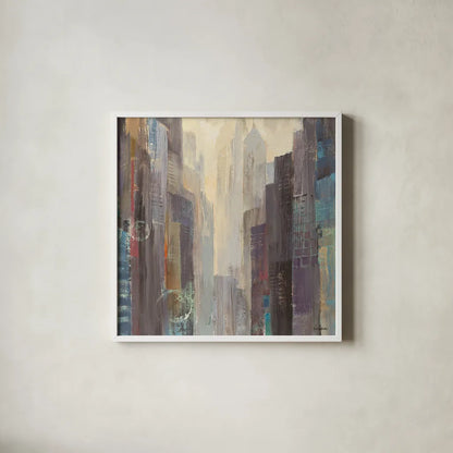 City at Dawn by Albena Hristova. Shown in a crisp white glass frame for a clean and minimalist style. Available as an archival giclee rolled canvas, fine art paper, or poster print. SKU 14543a.