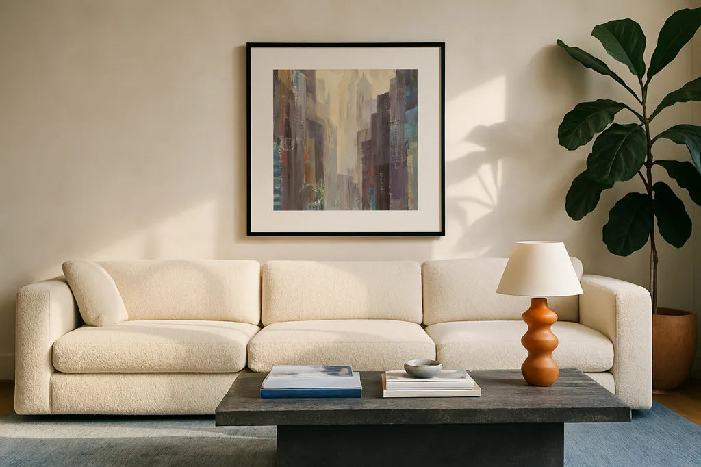 City at Dawn by Albena Hristova. Displayed in a glass frame with matte in a clean modern living room. Available as an archival giclee rolled canvas, fine art paper, or poster print. SKU 14543a.