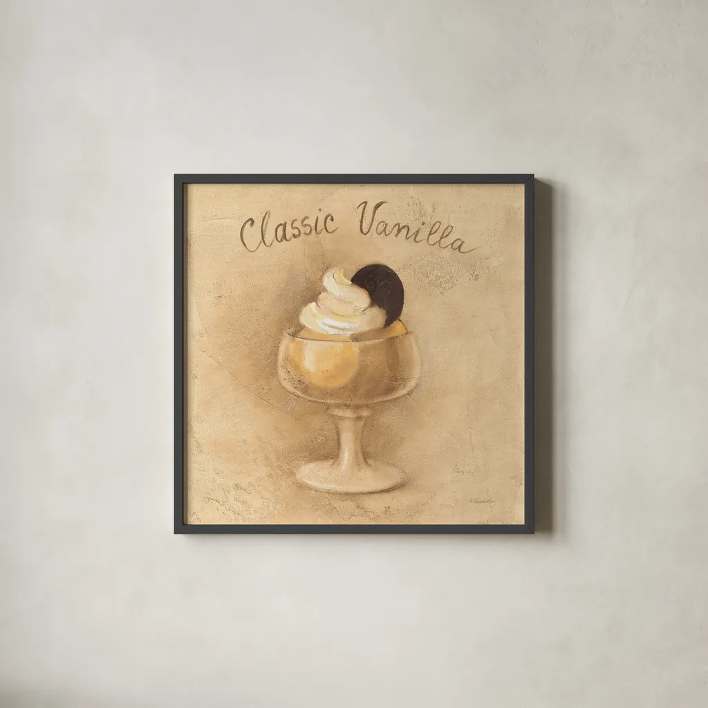 Classic Vanilla Sundae by Albena Hristova. Shown in a sleek black glass frame for a contemporary gallery look. Available as an archival giclee rolled canvas, fine art paper, or poster print. SKU 54501a.
