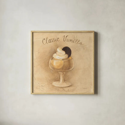 Classic Vanilla Sundae by Albena Hristova. Shown in a natural wood glass frame for a timeless modern aesthetic. Available as an archival giclee rolled canvas, fine art paper, or poster print. SKU 54501a.