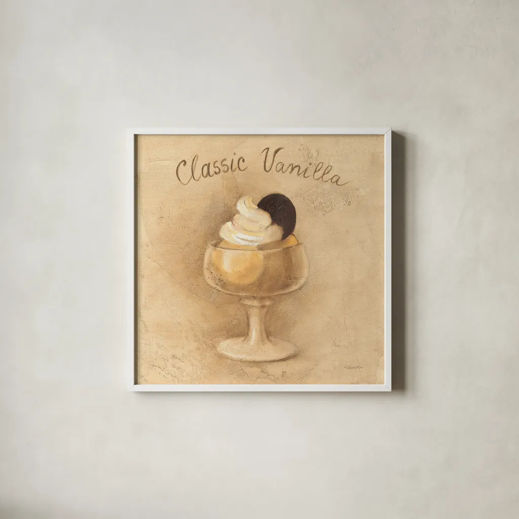 Classic Vanilla Sundae by Albena Hristova. Shown in a crisp white glass frame for a clean and minimalist style. Available as an archival giclee rolled canvas, fine art paper, or poster print. SKU 54501a.