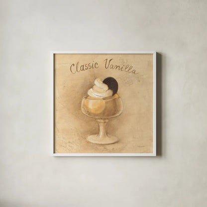 Classic Vanilla Sundae by Albena Hristova. Shown in a crisp white glass frame for a clean and minimalist style. Available as an archival giclee rolled canvas, fine art paper, or poster print. SKU 54501a.