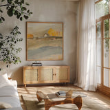 Coming Home Neutral Crop by Albena Hristova. Shown in a natural wood frame in a cozy modern living room. Available as an archival giclee rolled canvas, fine art paper, or poster print. SKU 36985a.