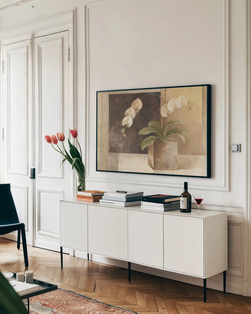 Contemporary Orchid by Albena Hristova. shown as a framed stretched canvas in a living room above a console. Available as a archival giclee rolled canvas, fine art paper, or poster print. SKU 6375i.