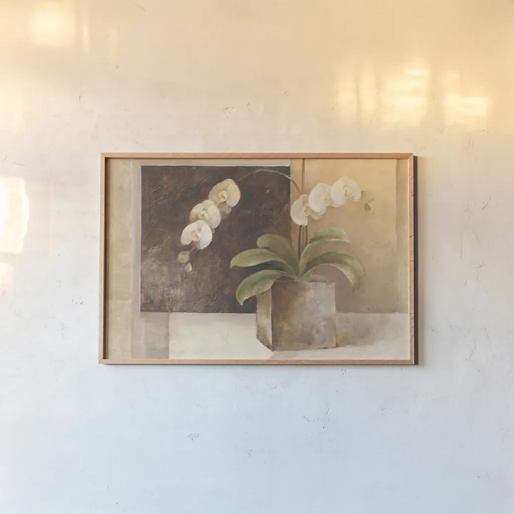 Contemporary Orchid by Albena Hristova. shown as a paper print in a natural frame. Available as a archival giclee rolled canvas, fine art paper, or poster print. SKU 6375i.