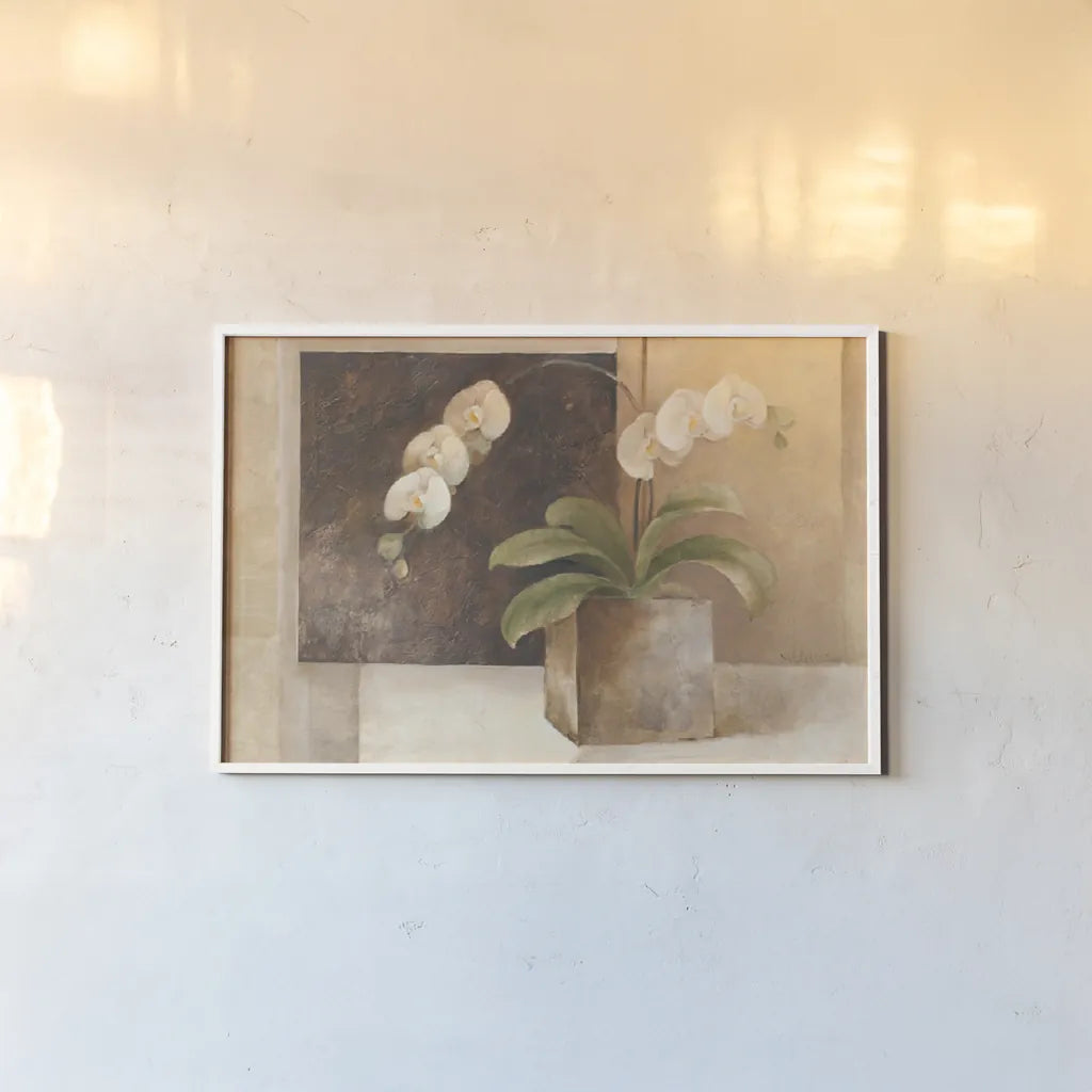 Contemporary Orchid by Albena Hristova. shown as a paper print in a white frame. Available as a archival giclee rolled canvas, fine art paper, or poster print. SKU 6375i.