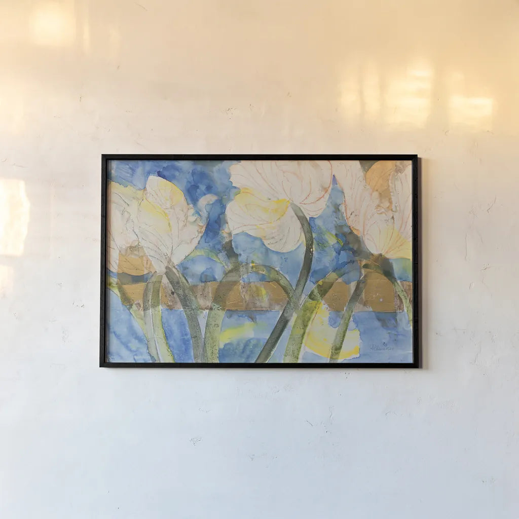 Contemporary Tulips by Albena Hristova. shown as a paper print in a black flame. Available as a archival giclee rolled canvas, fine art paper, or poster print. SKU 91596i.