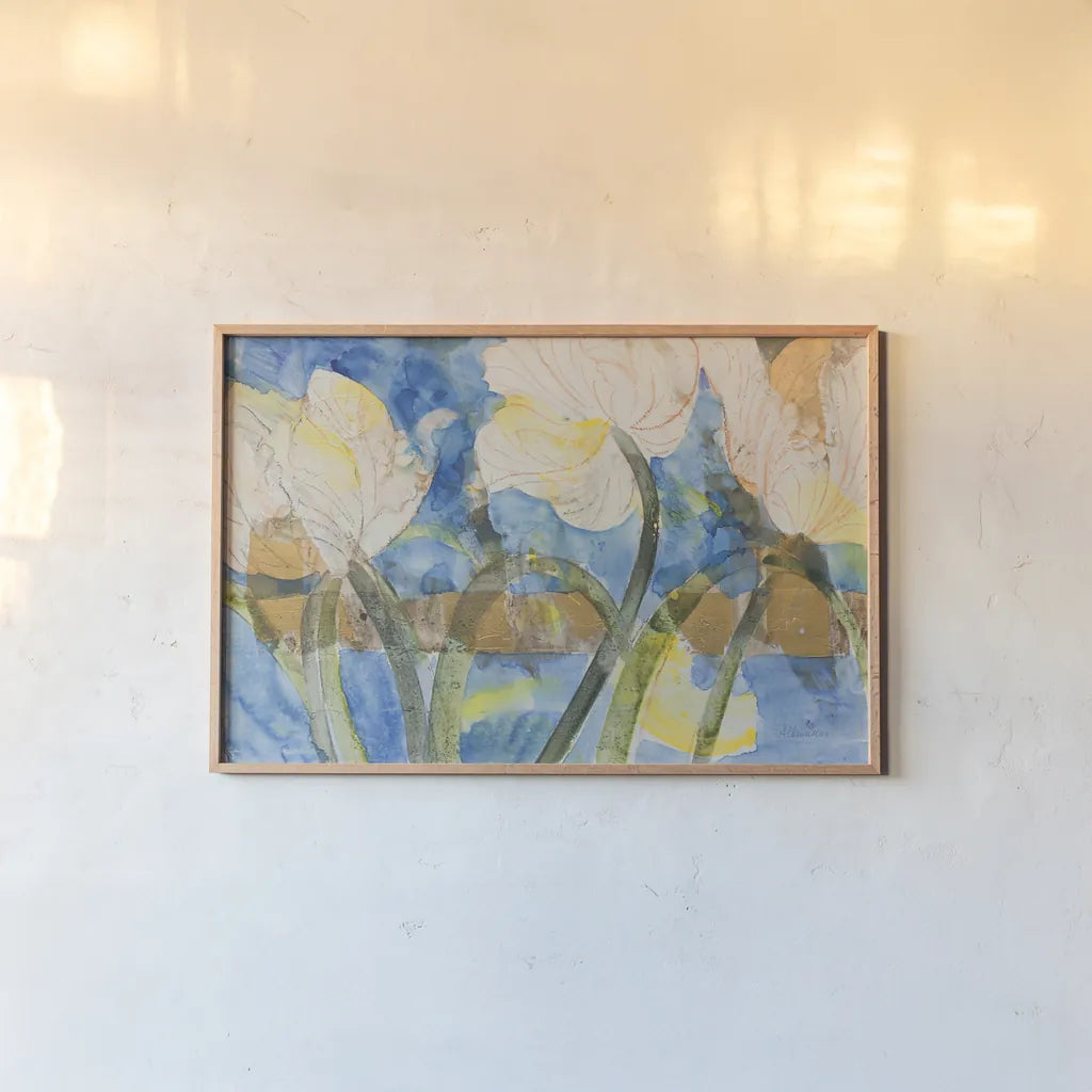 Contemporary Tulips by Albena Hristova. shown as a paper print in a natural frame. Available as a archival giclee rolled canvas, fine art paper, or poster print. SKU 91596i.