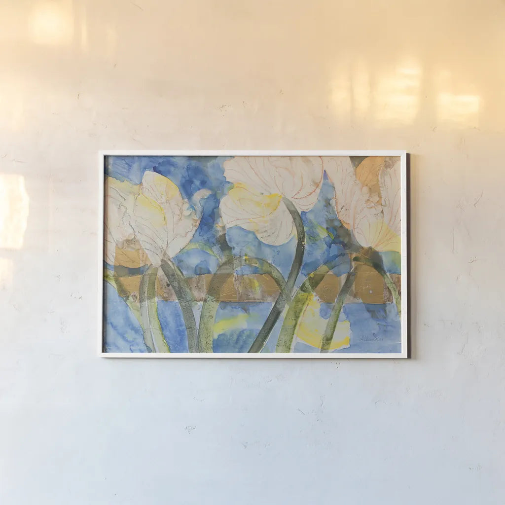 Contemporary Tulips by Albena Hristova. shown as a paper print in a white frame. Available as a archival giclee rolled canvas, fine art paper, or poster print. SKU 91596i.