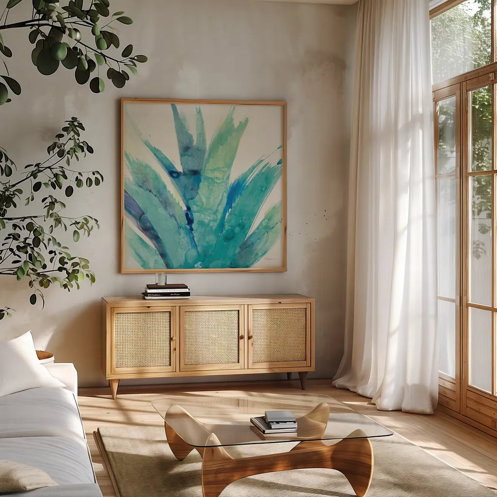 Cool Aloe Crop by Albena Hristova. Shown in a natural wood frame in a cozy modern living room. Available as an archival giclee rolled canvas, fine art paper, or poster print. SKU 56276a.