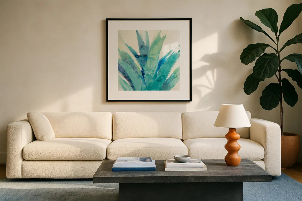 Cool Aloe Crop by Albena Hristova. Displayed in a glass frame with matte in a clean modern living room. Available as an archival giclee rolled canvas, fine art paper, or poster print. SKU 56276a.