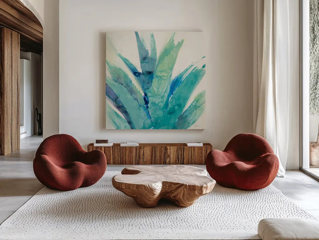 Cool Aloe Crop by Albena Hristova. Shown as extra-large giant wall art in a modern living room. Available as an archival giclee rolled canvas, fine art paper, or poster print. SKU 56276a.