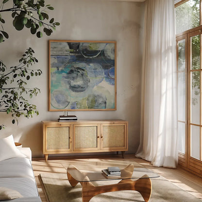 Cosmic by Albena Hristova. Shown in a natural wood frame in a cozy modern living room. Available as an archival giclee rolled canvas, fine art paper, or poster print. SKU 54064a.