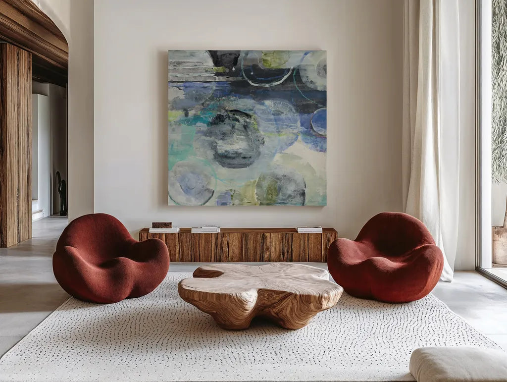 Cosmic by Albena Hristova. Shown as extra-large giant wall art in a modern living room. Available as an archival giclee rolled canvas, fine art paper, or poster print. SKU 54064a.