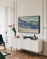 Currents by Albena Hristova. shown as a framed stretched canvas in a living room above a console. Available as a archival giclee rolled canvas, fine art paper, or poster print. SKU 28627i.