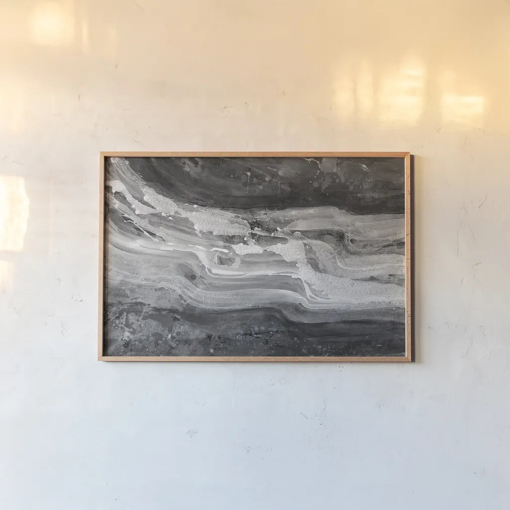 Currents Gray Black White by Albena Hristova. shown as a paper print in a natural frame. Available as a archival giclee rolled canvas, fine art paper, or poster print. SKU 33324i.