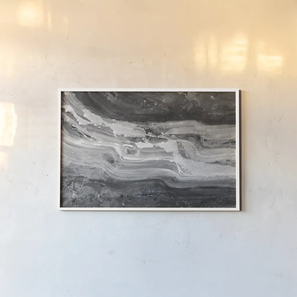 Currents Gray Black White by Albena Hristova. shown as a paper print in a white frame. Available as a archival giclee rolled canvas, fine art paper, or poster print. SKU 33324i.
