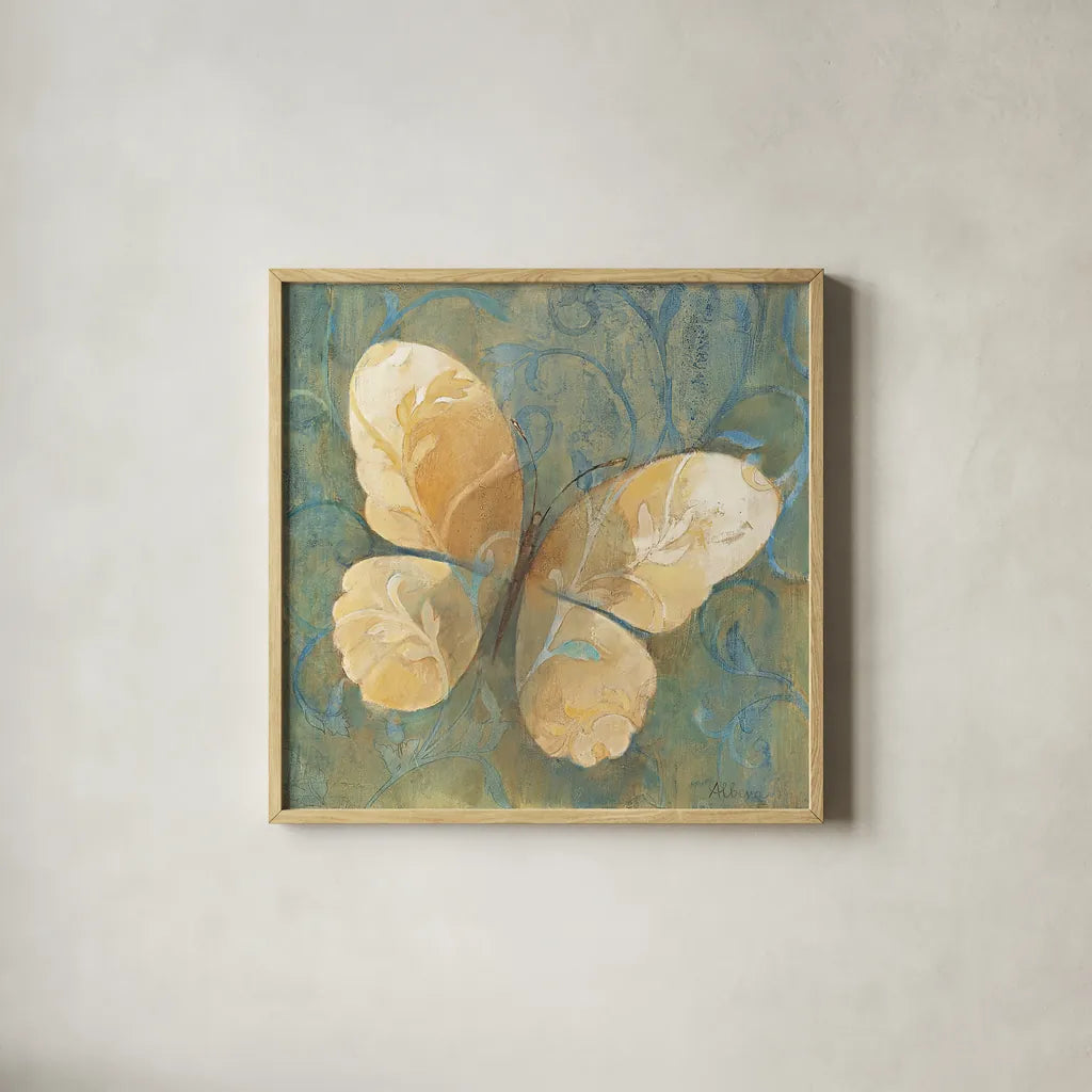 Damask Butterfly II by Albena Hristova. Shown in a natural wood glass frame for a timeless modern aesthetic. Available as an archival giclee rolled canvas, fine art paper, or poster print. SKU 12096a.