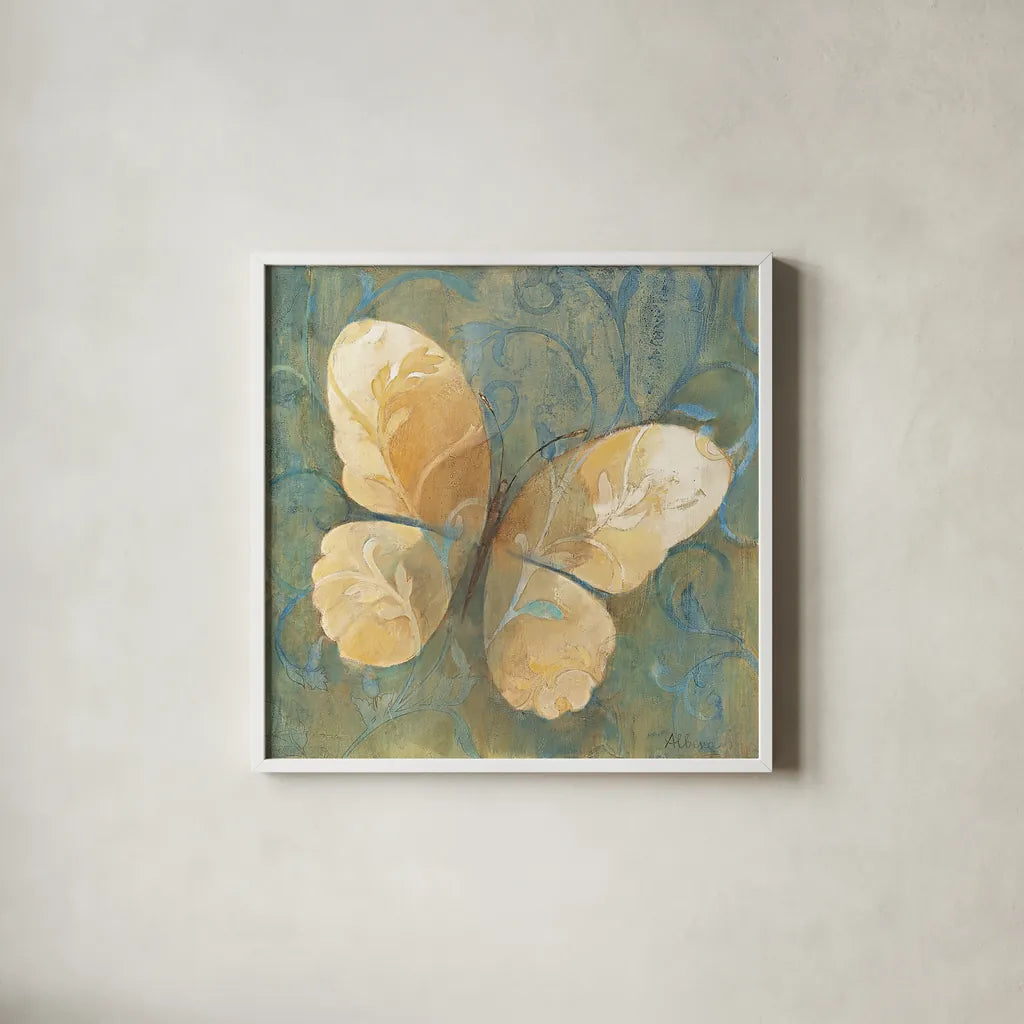 Damask Butterfly II by Albena Hristova. Shown in a crisp white glass frame for a clean and minimalist style. Available as an archival giclee rolled canvas, fine art paper, or poster print. SKU 12096a.