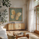 Damask Butterfly II by Albena Hristova. Shown in a natural wood frame in a cozy modern living room. Available as an archival giclee rolled canvas, fine art paper, or poster print. SKU 12096a.