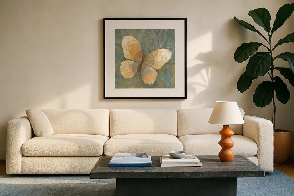 Damask Butterfly II by Albena Hristova. Displayed in a glass frame with matte in a clean modern living room. Available as an archival giclee rolled canvas, fine art paper, or poster print. SKU 12096a.