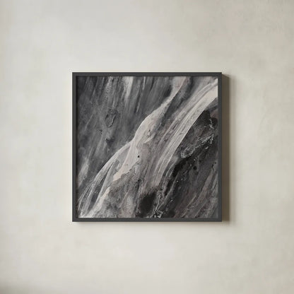 Dark Grey Splash by Albena Hristova. Shown in a sleek black glass frame for a contemporary gallery look. Available as an archival giclee rolled canvas, fine art paper, or poster print. SKU 28023a.
