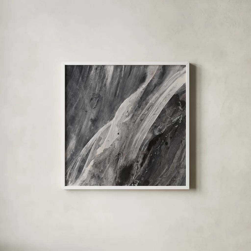 Dark Grey Splash by Albena Hristova. Shown in a crisp white glass frame for a clean and minimalist style. Available as an archival giclee rolled canvas, fine art paper, or poster print. SKU 28023a.
