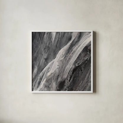 Dark Grey Splash by Albena Hristova. Shown in a crisp white glass frame for a clean and minimalist style. Available as an archival giclee rolled canvas, fine art paper, or poster print. SKU 28023a.