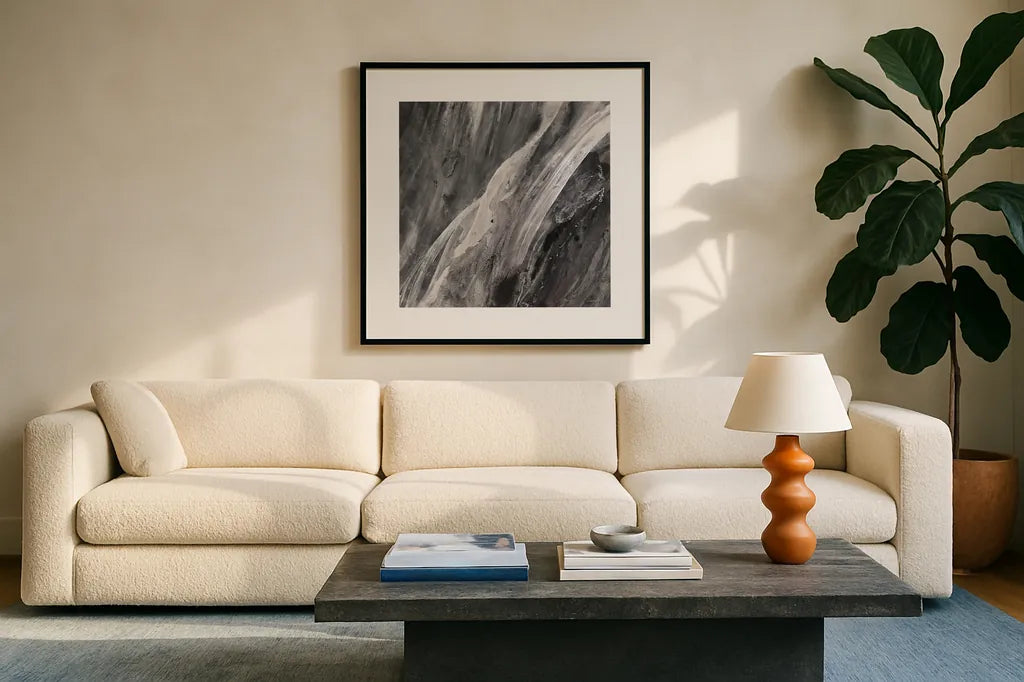 Dark Grey Splash by Albena Hristova. Displayed in a glass frame with matte in a clean modern living room. Available as an archival giclee rolled canvas, fine art paper, or poster print. SKU 28023a.