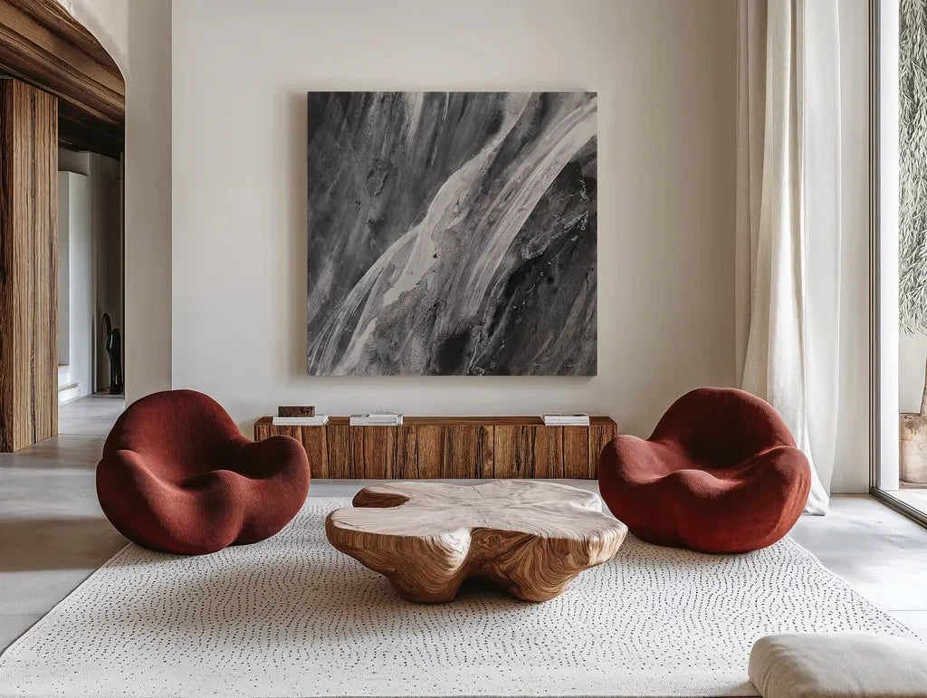 Dark Grey Splash by Albena Hristova. Shown as extra-large giant wall art in a modern living room. Available as an archival giclee rolled canvas, fine art paper, or poster print. SKU 28023a.