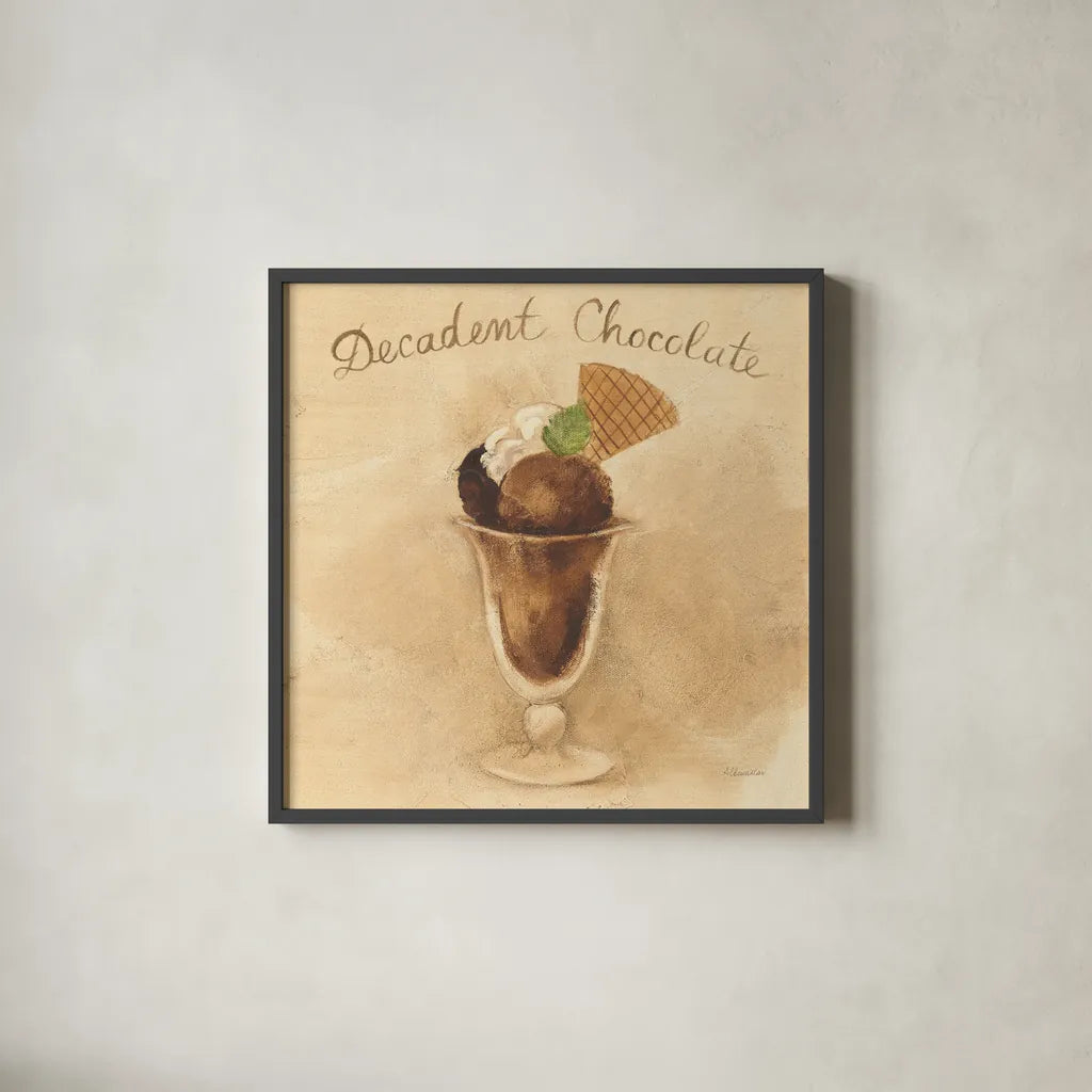 Decadent Chocolate Sundae by Albena Hristova. Shown in a sleek black glass frame for a contemporary gallery look. Available as an archival giclee rolled canvas, fine art paper, or poster print. SKU 54502a.