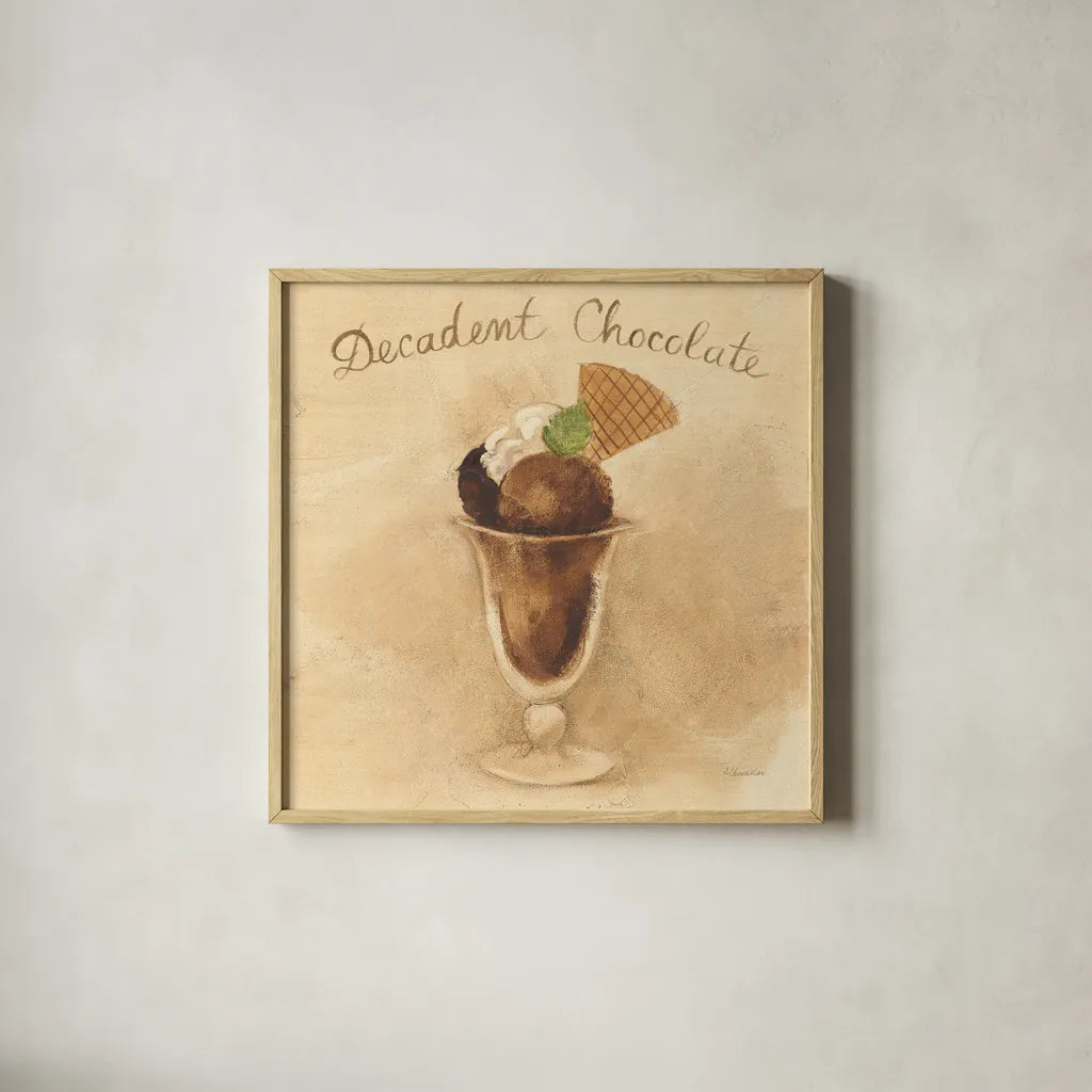 Decadent Chocolate Sundae by Albena Hristova. Shown in a natural wood glass frame for a timeless modern aesthetic. Available as an archival giclee rolled canvas, fine art paper, or poster print. SKU 54502a.