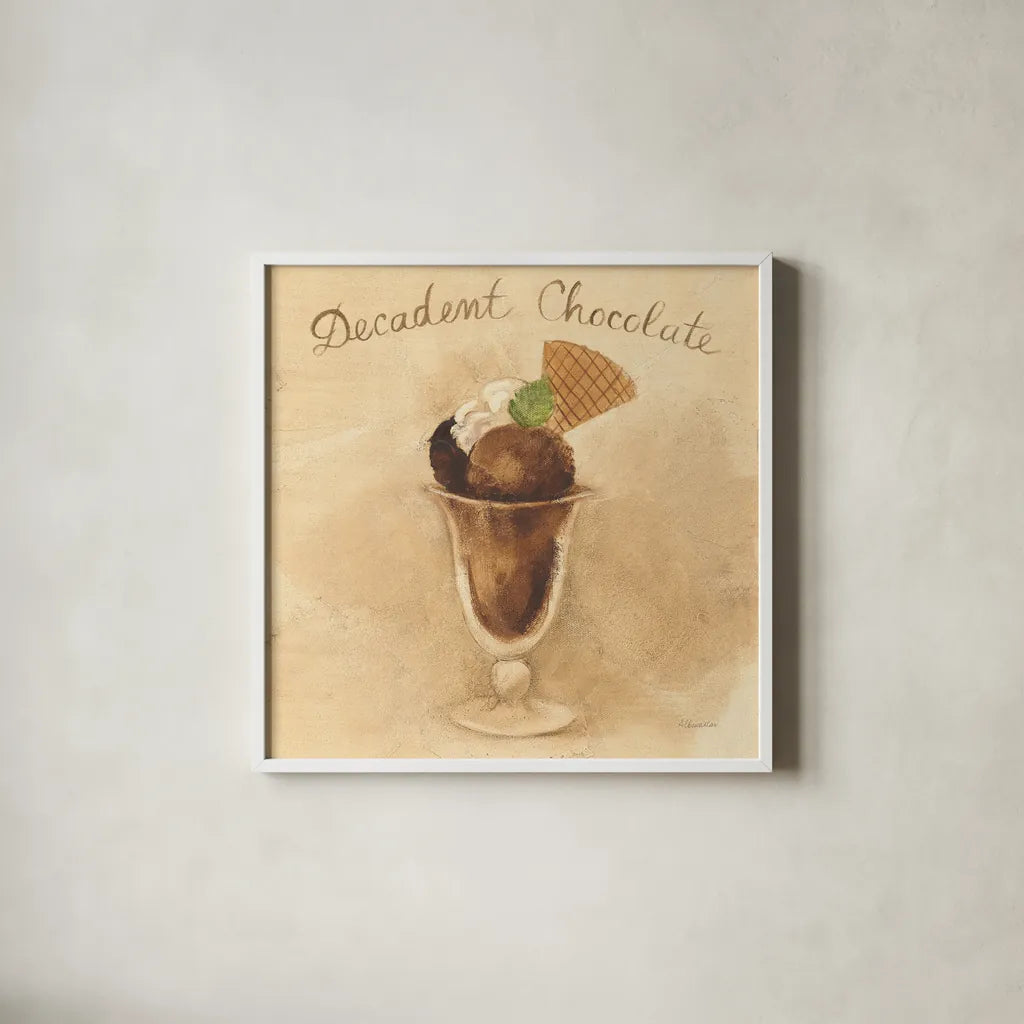 Decadent Chocolate Sundae by Albena Hristova. Shown in a crisp white glass frame for a clean and minimalist style. Available as an archival giclee rolled canvas, fine art paper, or poster print. SKU 54502a.